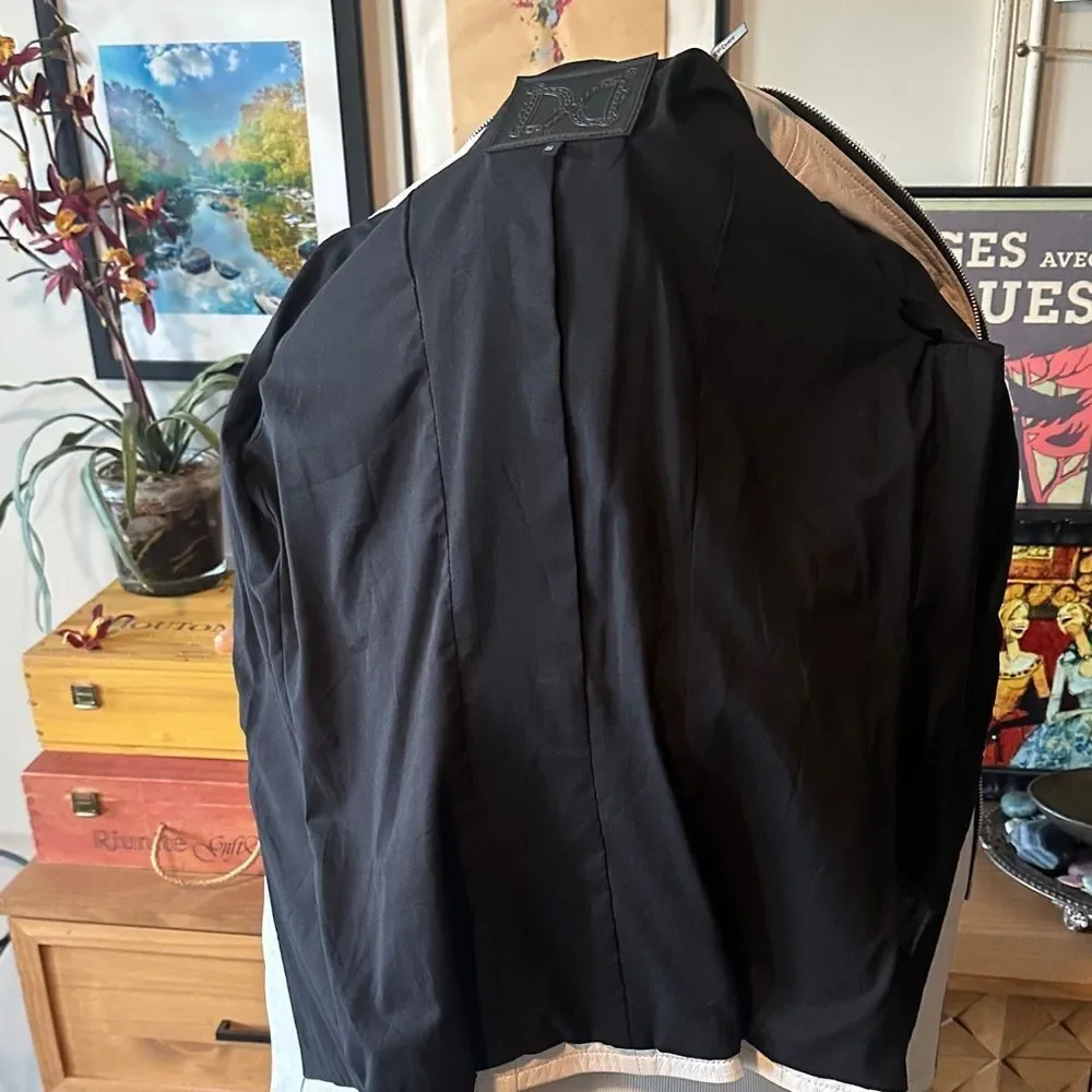 Dawn Levy Cream Pearl Designer Leather Jacket with Black Accents